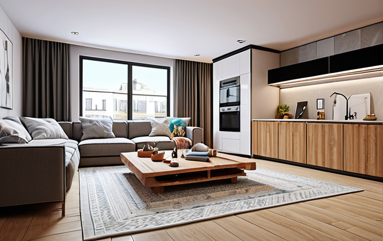 **
A brightly lit, modern apartment interior. Focus on showcasing the blend of creativity and technical skill in interior design. Include elements like blueprints, material samples (fabric, wood), and a 3D rendering on a tablet, juxtaposed with stylish furniture and decor. The overall atmosphere should feel harmonious and functional.
**