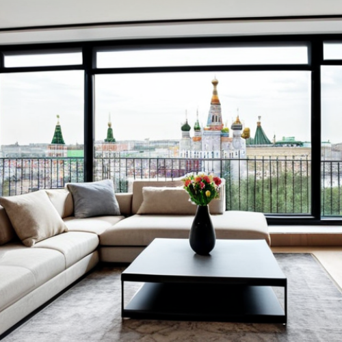 Home 9 **
A bright and airy living room in a modern apartment in Moscow. The room features light grey walls, a comfortable beige sofa with decorative pillows, and a stylish coffee table with magazines and a vase of flowers. A large window offers a view of the Moscow cityscape. Fully clothed people enjoying the space. Safe for work, appropriate content, family-friendly, perfect anatomy, correct proportions, natural pose, professional photography, high quality, modern design, modest setting.
**