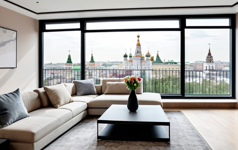 **

A bright and airy living room in a modern apartment in Moscow. The room features light grey walls, a comfortable beige sofa with decorative pillows, and a stylish coffee table with magazines and a vase of flowers. A large window offers a view of the Moscow cityscape.  Fully clothed people enjoying the space.  Safe for work, appropriate content, family-friendly, perfect anatomy, correct proportions, natural pose, professional photography, high quality, modern design, modest setting.

**