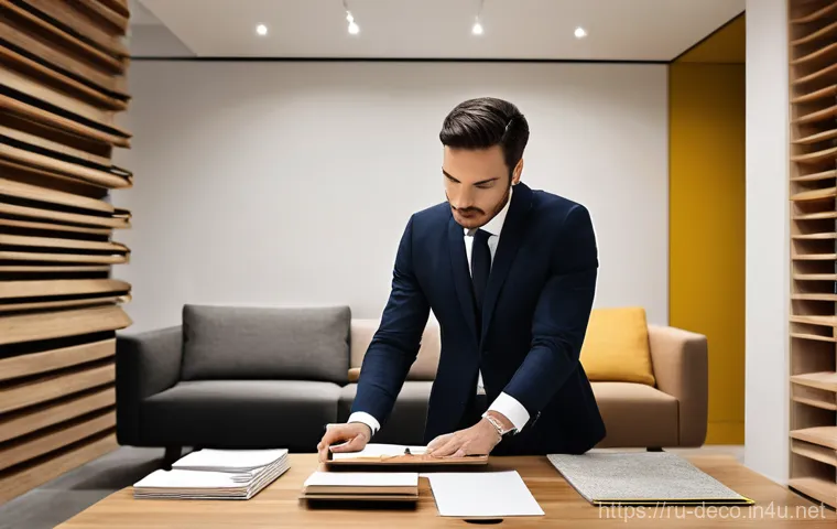 인테리어 코디네이터 자격증 시험 후기 - **Prompt:** A modern professional interior designer, dressed in smart-casual attire, is diligently w...