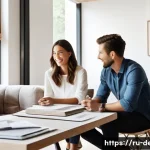 인테리어 코디네이터 고객 관리 노하우 - A professional female interior designer, aged late 30s, with a warm and attentive expression, is sea...