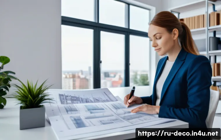 인테리어 코디네이터 필수 자격증 목록 - A professional interior coordinator at work, wearing smart business casual attire, reviewing detaile...