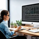 Home 18 인테리어 코디네이터 신입 취업 팁 - A professional interior coordinator working at a modern office desk, using a large monitor displayin...