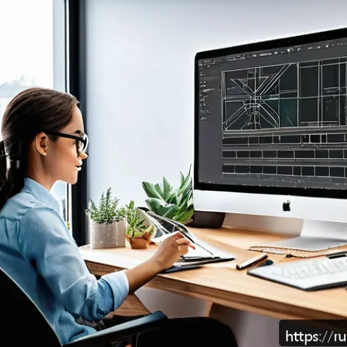Home 30 인테리어 코디네이터 신입 취업 팁 - A professional interior coordinator working at a modern office desk, using a large monitor displayin...
