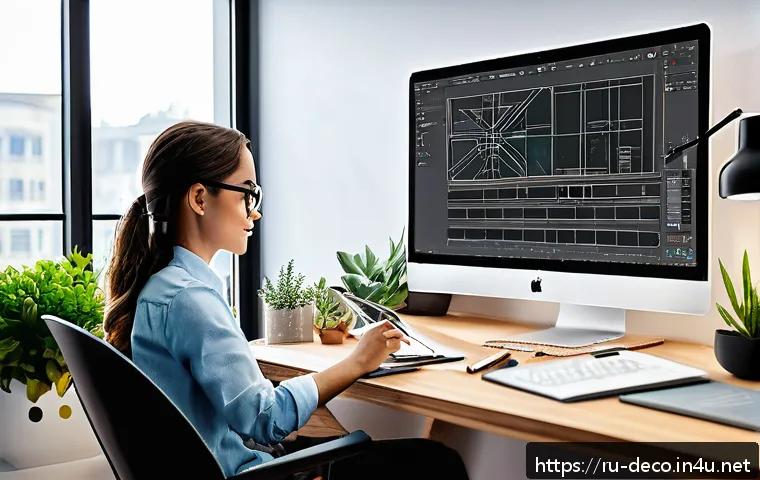 인테리어 코디네이터 신입 취업 팁 - A professional interior coordinator working at a modern office desk, using a large monitor displayin...