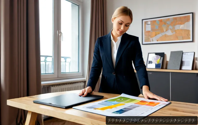 인테리어 코디네이터 커리어 개발 전략 - Photorealistic interior coordinator career development scene in a modern Moscow design studio, confi...